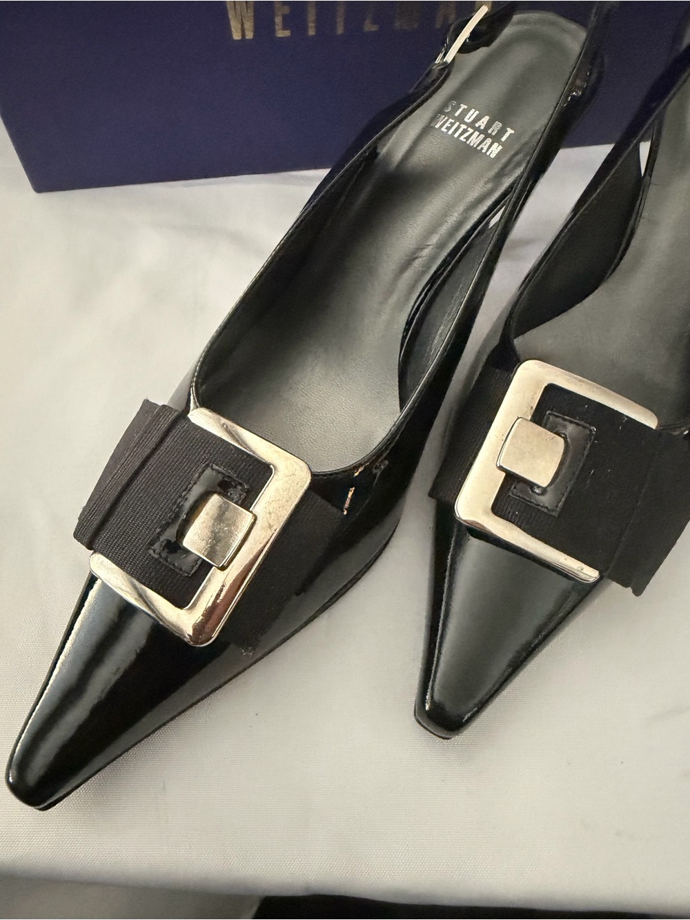 Stuart Weitzman Black Patent Pointed Slingback Pumps with Silver Buckle